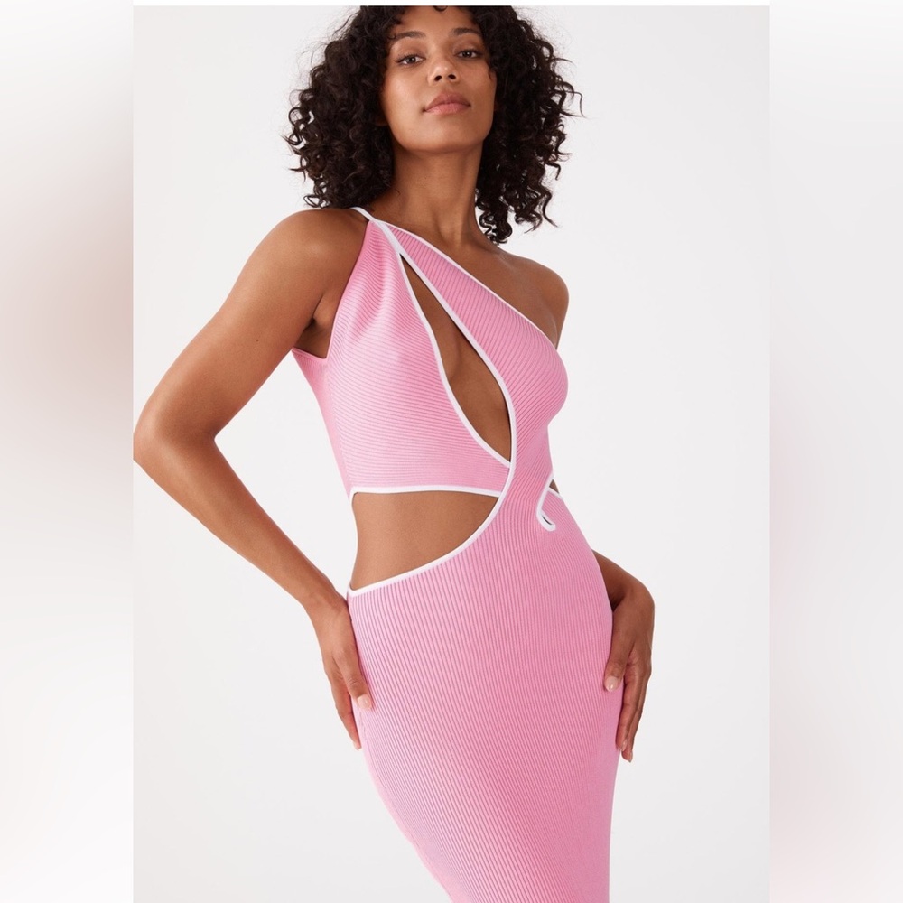 SAN SLOANE WOMENS NEOMIE DRESS PINK RIBBED CUTOUT ONE SHOULDER BODYCON XS